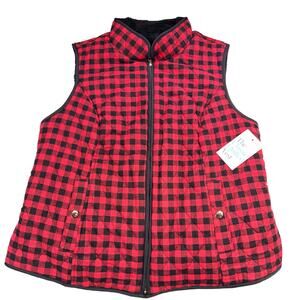 Croft & Barrow Womens Reversible Vest Quilted Plush Fleece Buffalo Plaid Black